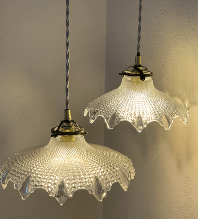 Suspension Holophane verre diamant vintage