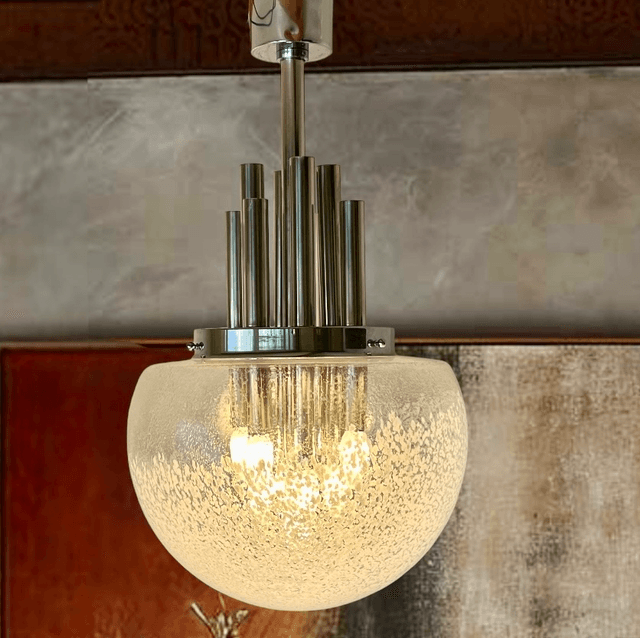 Très grande suspension Mazzega en orgue de chrome et verre Murano dans le style d’Angelo Brotto
