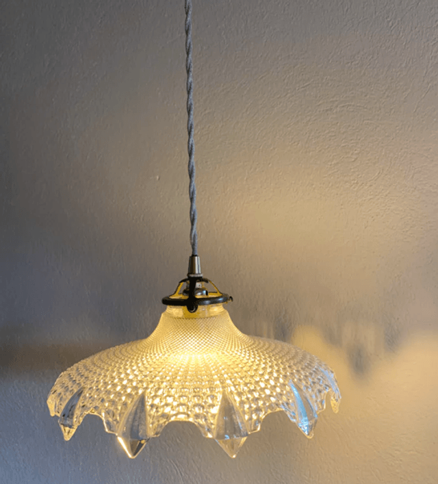 Suspension Holophane verre diamant vintage