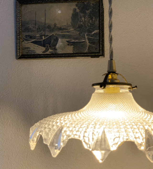 Suspension Holophane verre diamant vintage