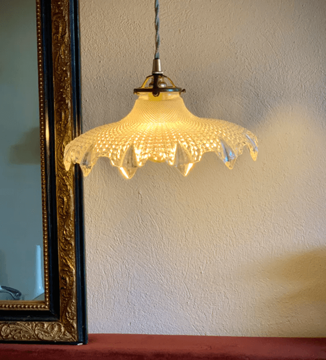 Suspension Holophane verre diamant vintage
