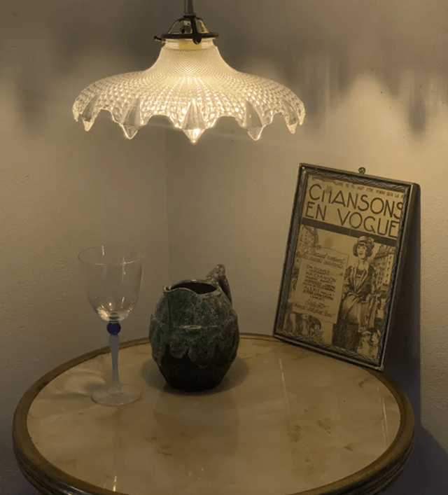 Suspension Holophane verre diamant vintage