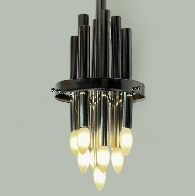 Très grande suspension Mazzega en orgue de chrome et verre Murano dans le style d’Angelo Brotto