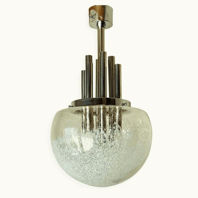 Très grande suspension Mazzega en orgue de chrome et verre Murano dans le style d’Angelo Brotto